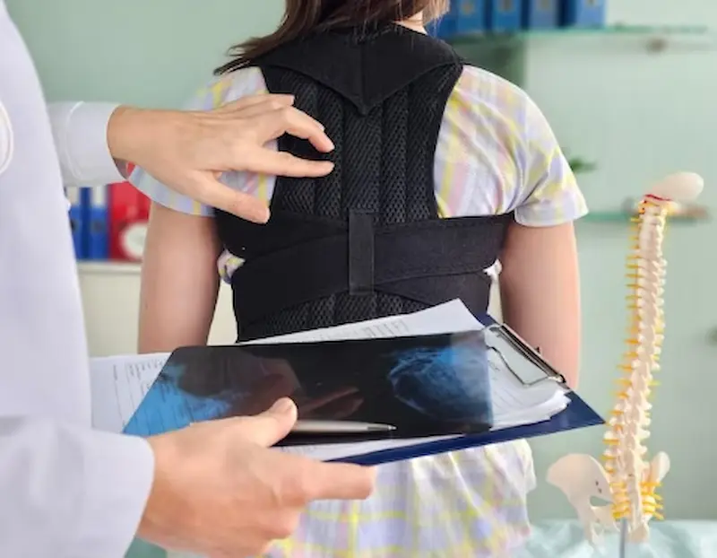 dziecko noszące gorset ortopedyczny przy skoliozie kręgosłupa